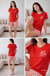 Kadın Kırmızı Şortlu Pijama Takımı – %100 Pamuk, Kalpli Desen, Kısa Kollu Yazlık Ev Giyimi - 4
