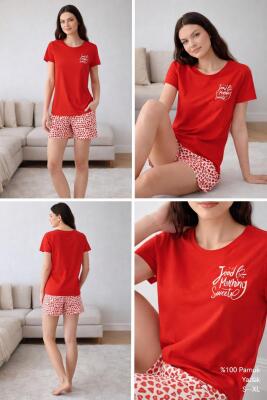 Kadın Kırmızı Şortlu Pijama Takımı – %100 Pamuk, Kalpli Desen, Kısa Kollu Yazlık Ev Giyimi - 4