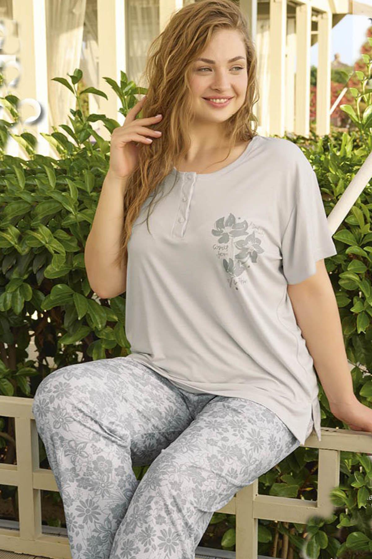 Kadın Kısa Kol Geniş Yaka Yazlık Büyük Beden Pijama Takım