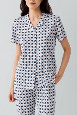 Kadın Kısa Kollu Düğmeli Pijama Takımı – %50 Modal %50 Pamuk-Desenli Rahat Kesim Ev Giyimi - 3