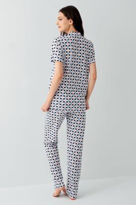 Kadın Kısa Kollu Düğmeli Pijama Takımı – %50 Modal %50 Pamuk-Desenli Rahat Kesim Ev Giyimi - 4