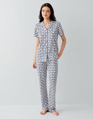 Kadın Kısa Kollu Düğmeli Pijama Takımı – %50 Modal %50 Pamuk-Desenli Rahat Kesim Ev Giyimi - 2