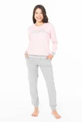 Kadın Kışlık 2 İplik Dokuma USPA Yazılı Ev Giyim Pijama Takım, Kol ve Paça Manşetli, Cepli - Thumbnail