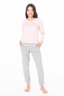 U.S. Polo Assn. - Kadın Kışlık 2 İplik Dokuma USPA Yazılı Ev Giyim Pijama Takım, Kol ve Paça Manşetli, Cepli