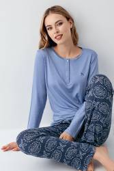 Kadın Koyu indigo Düğmeli Yaka Mevsimlik Pijama Takım, %50 modal %50 pamuk - Thumbnail