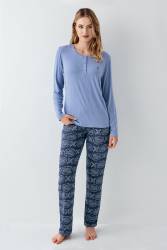 Kadın Koyu indigo Düğmeli Yaka Mevsimlik Pijama Takım, %50 modal %50 pamuk - Thumbnail