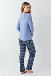 Kadın Koyu indigo Düğmeli Yaka Mevsimlik Pijama Takım, %50 modal %50 pamuk - Thumbnail