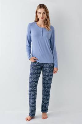 Arnetta - Kadın Koyu indigo Düğmeli Yaka Mevsimlik Pijama Takım, %50 modal %50 pamuk (1)