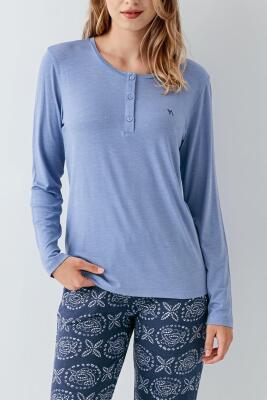 Kadın Koyu indigo Düğmeli Yaka Mevsimlik Pijama Takım, %50 modal %50 pamuk - 3