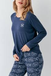 Kadın Koyu indigo Mevsimlik Pijama Takım, %50 modal %50 pamuk - Thumbnail