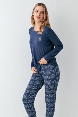 Kadın Koyu indigo Mevsimlik Pijama Takım, %50 modal %50 pamuk - 2