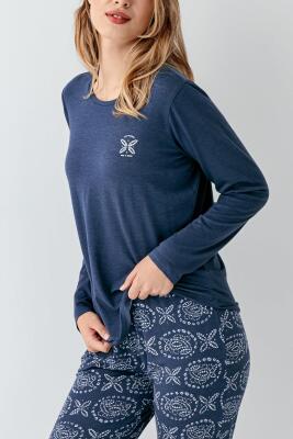 Kadın Koyu indigo Mevsimlik Pijama Takım, %50 modal %50 pamuk - 3