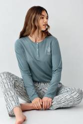 Kadın Koyu Yeşil Düğmeli Yaka Mevsimlik Pijama Takım, %50 modal %50 pamuk - Thumbnail