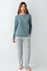 Kadın Koyu Yeşil Düğmeli Yaka Mevsimlik Pijama Takım, %50 modal %50 pamuk - Thumbnail