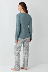 Kadın Koyu Yeşil Düğmeli Yaka Mevsimlik Pijama Takım, %50 modal %50 pamuk - Thumbnail