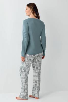 Kadın Koyu Yeşil Düğmeli Yaka Mevsimlik Pijama Takım, %50 modal %50 pamuk - 4