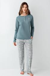 Kadın Koyu Yeşil Düğmeli Yaka Mevsimlik Pijama Takım, %50 modal %50 pamuk - 2