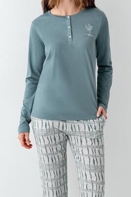 Kadın Koyu Yeşil Düğmeli Yaka Mevsimlik Pijama Takım, %50 modal %50 pamuk - 3