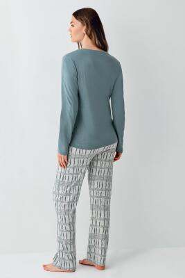 Kadın Koyu Yeşil Düğmeli Yaka Mevsimlik Pijama Takım, %50 modal %50 pamuk - 4
