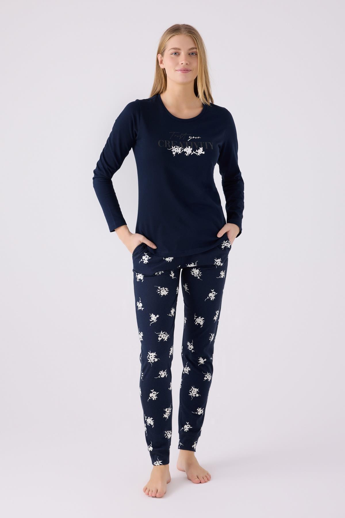 Kadın Lacivert %100 Pamuk Pijama Takım