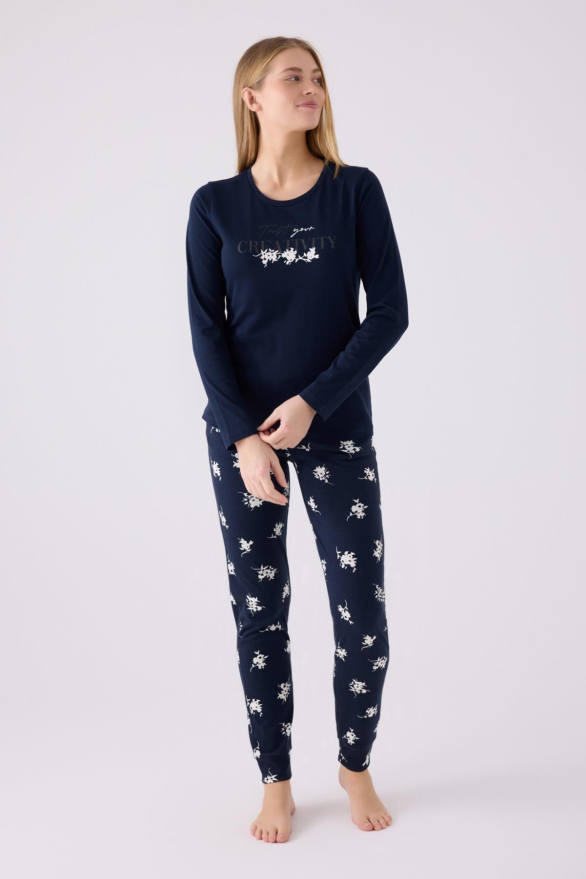Kadın Lacivert %100 Pamuk Pijama Takım