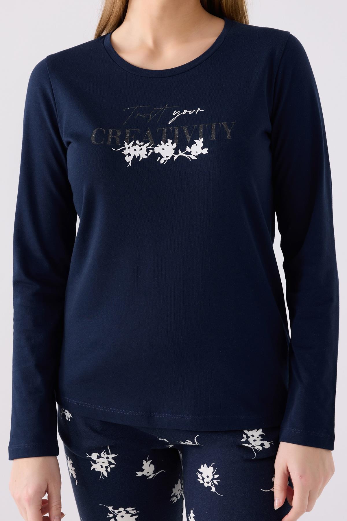 Kadın Lacivert %100 Pamuk Pijama Takım