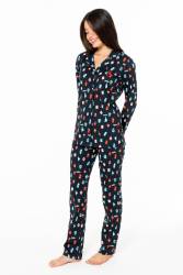 Kadın Lacivert %100 Pamuklu Mevsimlik Düğmeli Gömlek Pijama Ev Giyim - Thumbnail