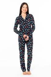 Kadın Lacivert %100 Pamuklu Mevsimlik Düğmeli Gömlek Pijama Ev Giyim - Thumbnail