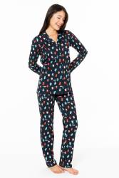 Kadın Lacivert %100 Pamuklu Mevsimlik Düğmeli Gömlek Pijama Ev Giyim - Thumbnail