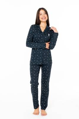 U.S. Polo Assn. - Kadın Lacivert %100 Pamuklu Uzunkol Mevsimlik Düğmeli Gömlek Pijama Ev Giyim