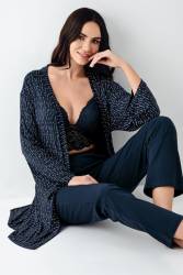 Kadın Lacivert 3'lü Pijama Takım, Düz Alt Pijama Desenli Sabahlık ve Bralet Takım %50 Pamuk %50 modal - Thumbnail