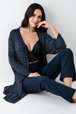 Arnetta - Kadın Lacivert 3'lü Pijama Takım, Düz Alt Pijama Desenli Sabahlık ve Bralet Takım %50 Pamuk %50 modal