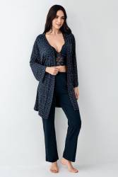 Kadın Lacivert 3'lü Pijama Takım, Düz Alt Pijama Desenli Sabahlık ve Bralet Takım %50 Pamuk %50 modal - Thumbnail