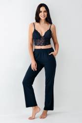 Kadın Lacivert 3'lü Pijama Takım, Düz Alt Pijama Desenli Sabahlık ve Bralet Takım %50 Pamuk %50 modal - Thumbnail