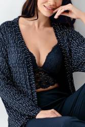 Kadın Lacivert 3'lü Pijama Takım, Düz Alt Pijama Desenli Sabahlık ve Bralet Takım %50 Pamuk %50 modal - Thumbnail