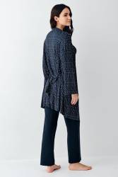 Kadın Lacivert 3'lü Pijama Takım, Düz Alt Pijama Desenli Sabahlık ve Bralet Takım %50 Pamuk %50 modal - Thumbnail