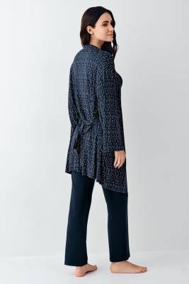 Kadın Lacivert 3'lü Pijama Takım, Düz Alt Pijama Desenli Sabahlık ve Bralet Takım %50 Pamuk %50 modal - 5