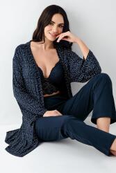 Kadın Lacivert 3'lü Pijama Takım, Düz Alt Pijama Desenli Sabahlık ve Bralet Takım %50 Pamuk %50 modal