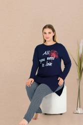 Kadın Lacivert Büyük Beden Tunikli Pijama Takım, viskon kumaş - Thumbnail