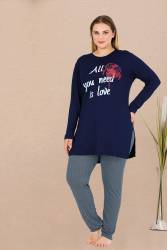 Kadın Lacivert Büyük Beden Tunikli Pijama Takım, viskon kumaş - Thumbnail