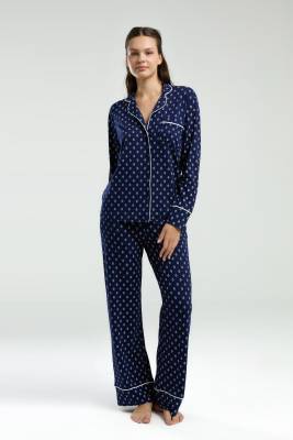 Kadın Lacivert Desenli Düğmeli Uzunkollu Modal Pijama Takım, Kutulu gönderim - 4