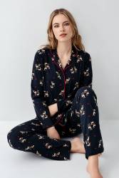 Kadın Lacivert Gömlek Pijama Takım, Geyik Baskılı, %100 Pamuk - Thumbnail