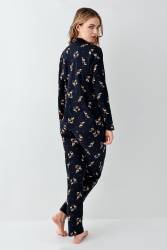 Kadın Lacivert Gömlek Pijama Takım, Geyik Baskılı, %100 Pamuk - Thumbnail