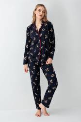 Kadın Lacivert Gömlek Pijama Takım, Geyik Baskılı, %100 Pamuk - Thumbnail