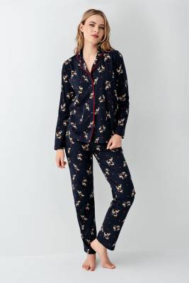 Arnetta - Kadın Lacivert Gömlek Pijama Takım, Geyik Baskılı, %100 Pamuk (1)