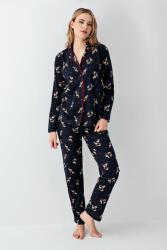 Kadın Lacivert Gömlek Pijama Takım, Geyik Baskılı, %100 Pamuk - 2