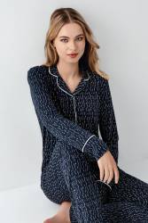 Kadın Lacivert Gömlek Yakalı Pijama Takım, Alt Pijama Cepli ve desenli, %50 Pamuk %50 modal - Thumbnail