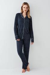 Kadın Lacivert Gömlek Yakalı Pijama Takım, Alt Pijama Cepli ve desenli, %50 Pamuk %50 modal - Thumbnail