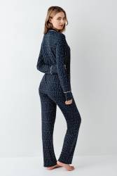 Kadın Lacivert Gömlek Yakalı Pijama Takım, Alt Pijama Cepli ve desenli, %50 Pamuk %50 modal - Thumbnail