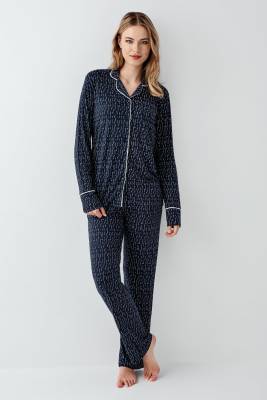 Arnetta - Kadın Lacivert Gömlek Yakalı Pijama Takım, Alt Pijama Cepli ve desenli, %50 Pamuk %50 modal (1)